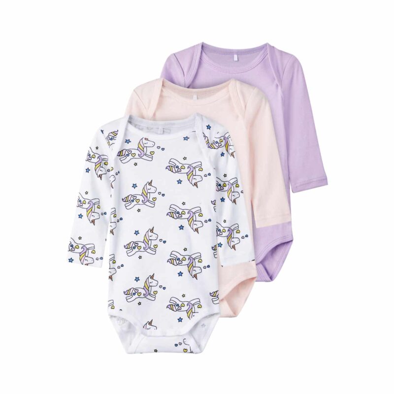 NAME IT 3er Pack Baby-Mädchen Langarm Bodies “Einhorn” in Rosa Violett Weiß – jetzt kaufen bei Lifetex.eu