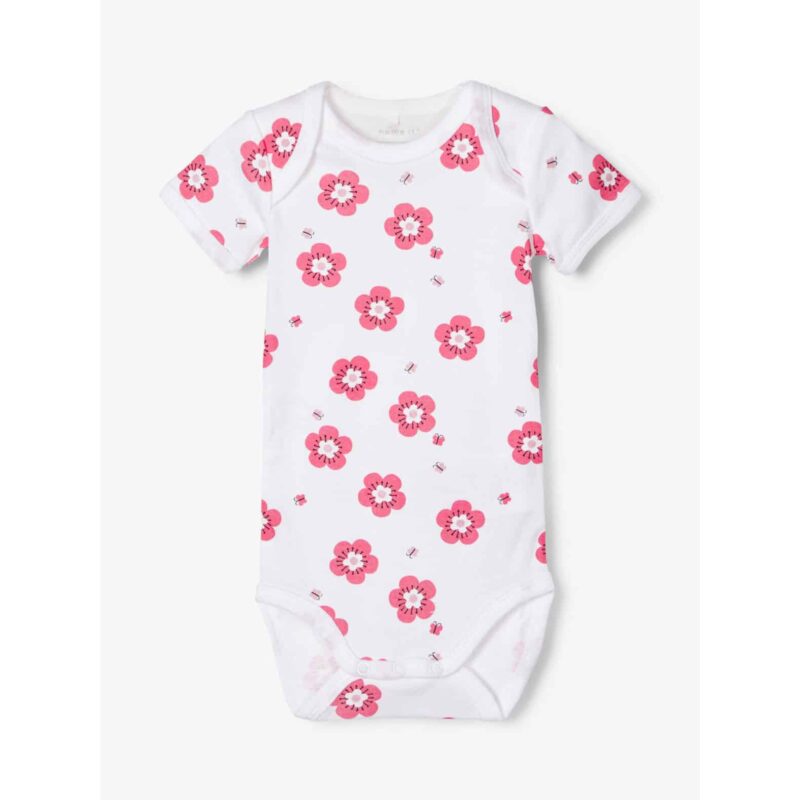 NAME IT 5er Pack Baby Mädchen Kurzarm Bodies Blüten Flamingo Streifen in Rosarot – Detailbild 2 – jetzt kaufen bei Lifetex.eu