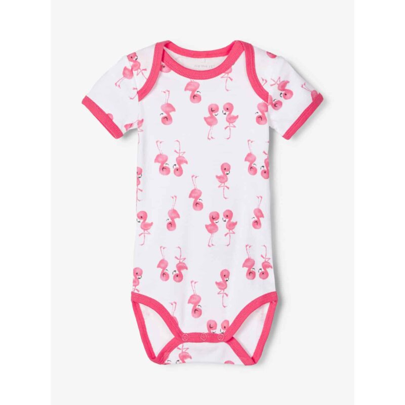 NAME IT 5er Pack Baby Mädchen Kurzarm Bodies Blüten Flamingo Streifen in Rosarot – Detailbild 3 – jetzt kaufen bei Lifetex.eu