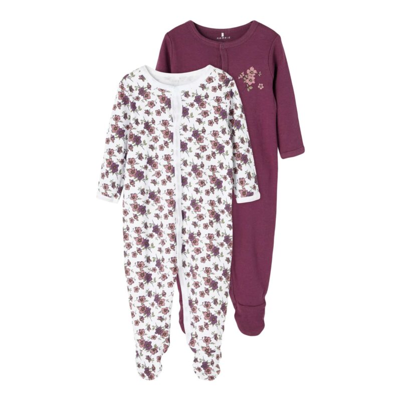 NAME IT 2er Pack Baby-Mädchen Schlafanzug Blumen Blüten Schlafstrampler Druckknöpfe in Weiß/Violett – jetzt kaufen bei Lifetex.eu