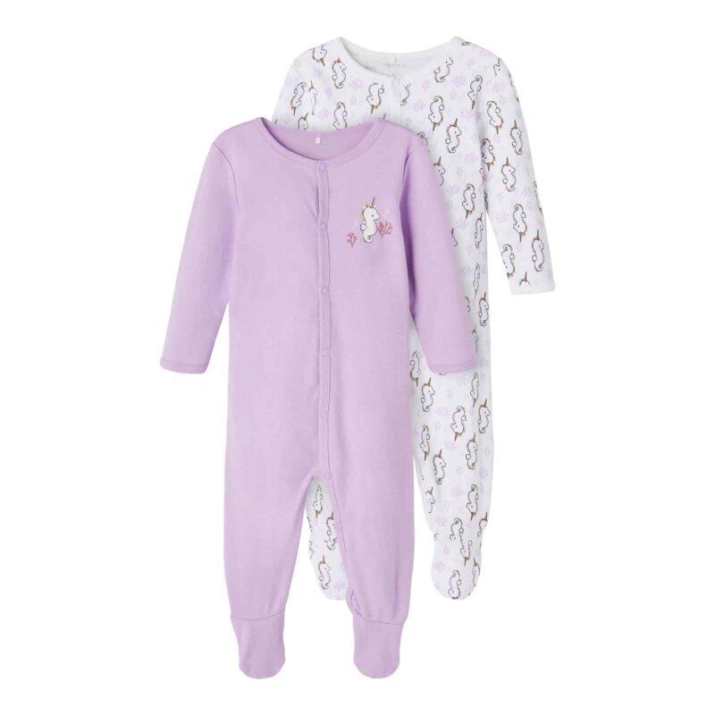 NAME IT 2er Pack Baby-Mädchen Schlafanzug Einhorn Seepferdchen Schlafstrampler Druckknöpfe in Weiß/Rosa – jetzt kaufen bei Lifetex.eu