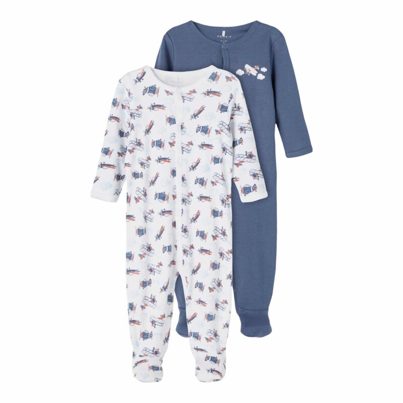NAME IT 2er Pack Baby-Jungen Schlafanzug Flugzeuge Schlafstrampler Druckknöpfe in Weiß/Blau – jetzt kaufen bei Lifetex.eu